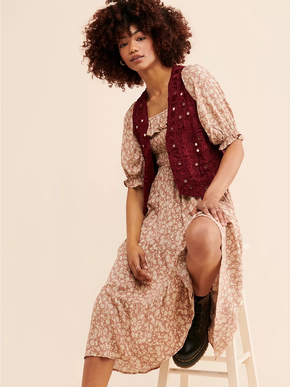 Free People Raga Esmerelda Embroidered Vest Velvet Maroon Burgundy Mirror Small